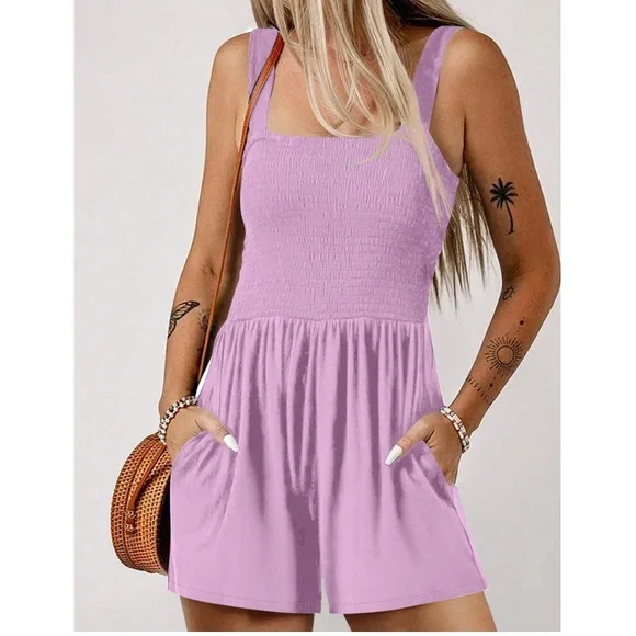 Boho Smocked Bodice Pockets Cami Solid Romper - Picture 4 of 7